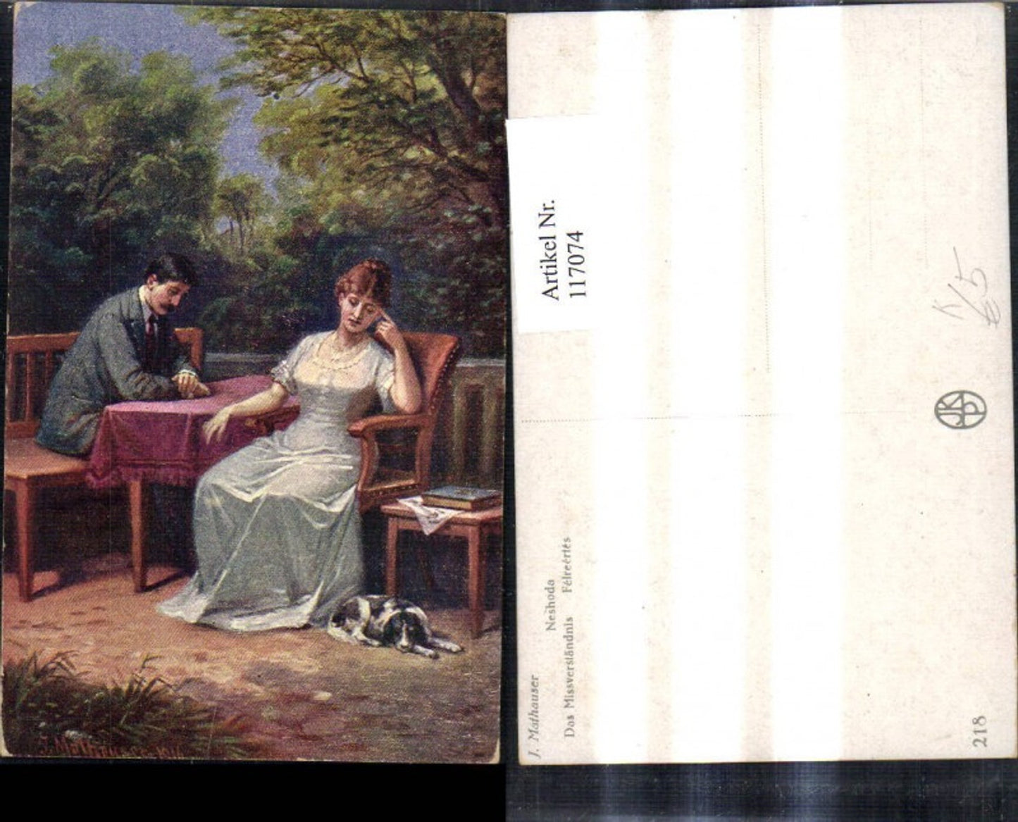 117074,Künstler Ak J. Mathauser Das Missverständnis Paar a. Tisch Hund