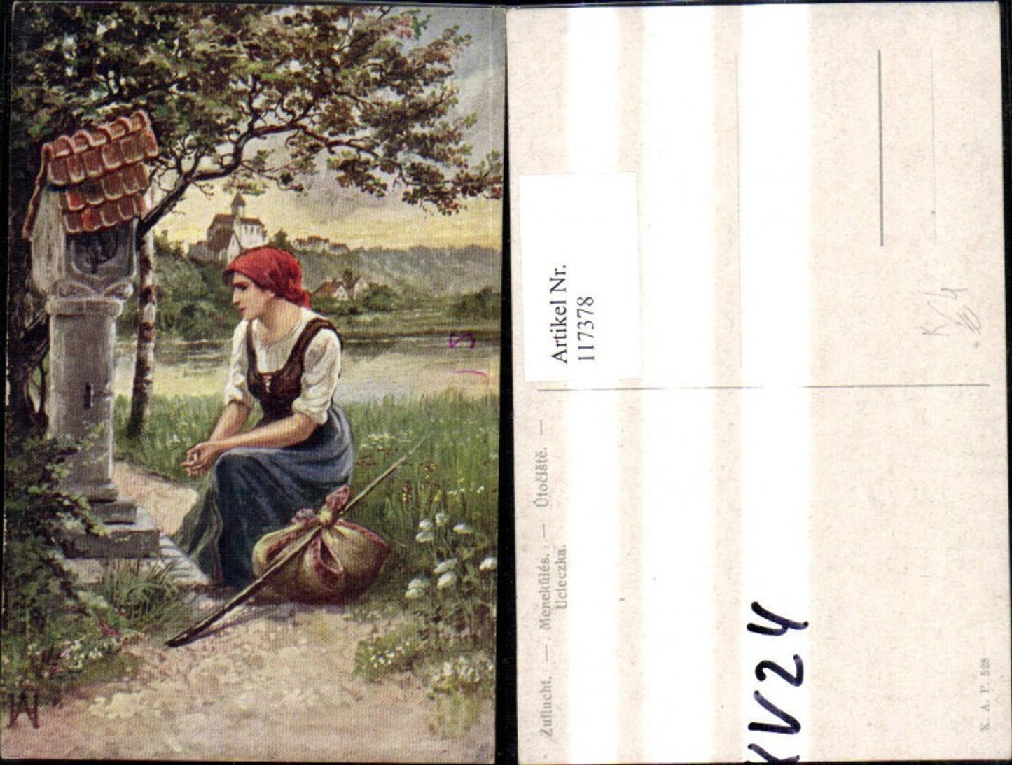 117378,Künstler Ak Zuflucht Frau b. Marterl Bildstock
