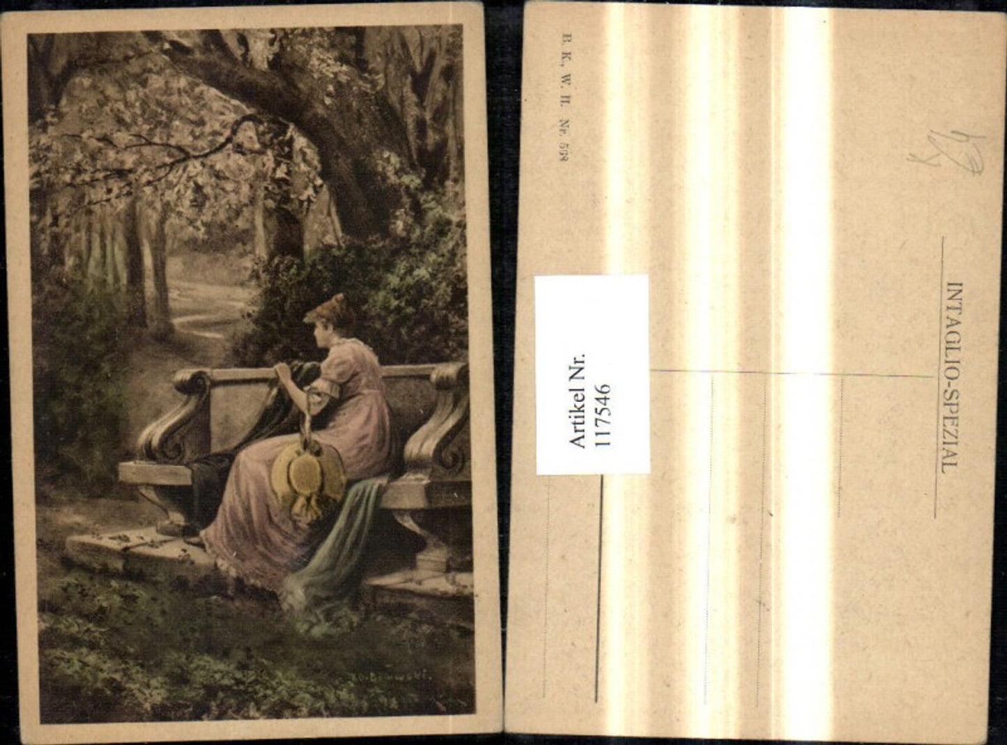 117546,Künstler Ak Frau Steinbank Wald