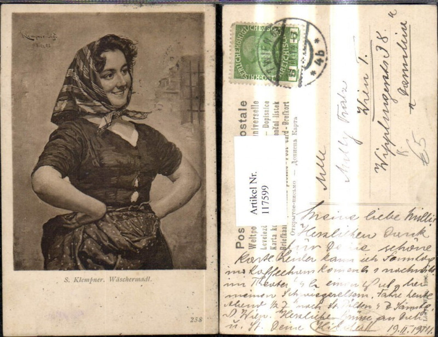 117599,Künstler Ak S. Klemper Wäschermadl Frau Kopftuch