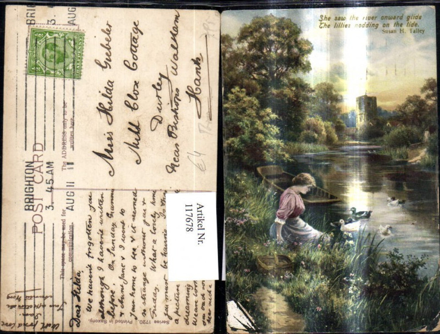 117678,Künstler Ak Frau a. Ufer Enten Boot Landschaft Spruch Text