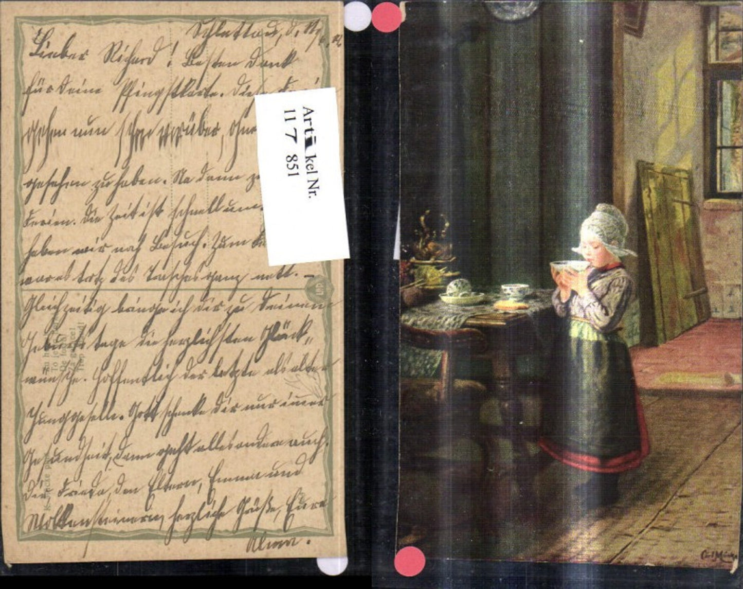 117851,Künstler Ak K. Mücke Zu heiß Mädchen trinkt a. Tasse Holland Tracht