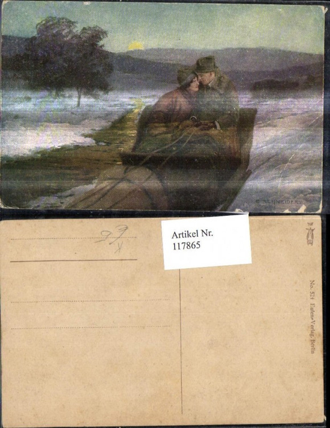 117865,Künstler Ak E. Schneider Liebespaar i. Pferdeschlitten Winterlandschaft