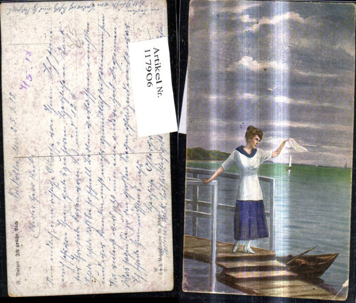 117906,Künstler Ak F. Burger Ich grüße Dich Frau winkt m. Taschentuch Ufer