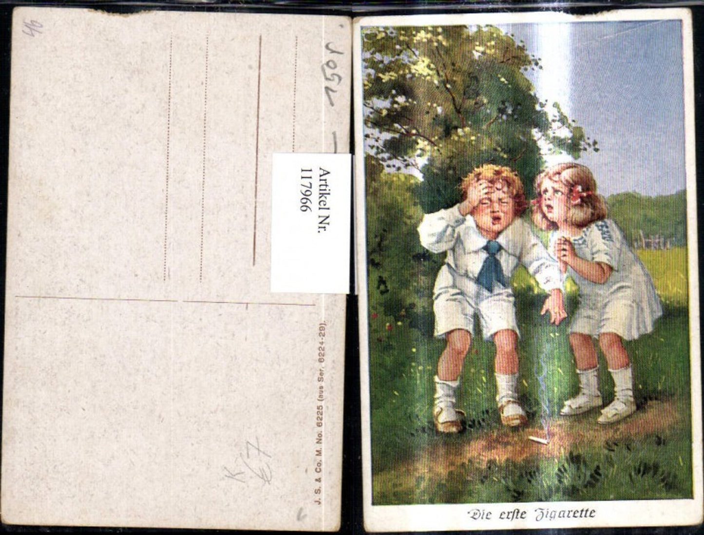 117966,Künstler Ak Die erste Zigarette Kinder Zigarette a. Boden liegend