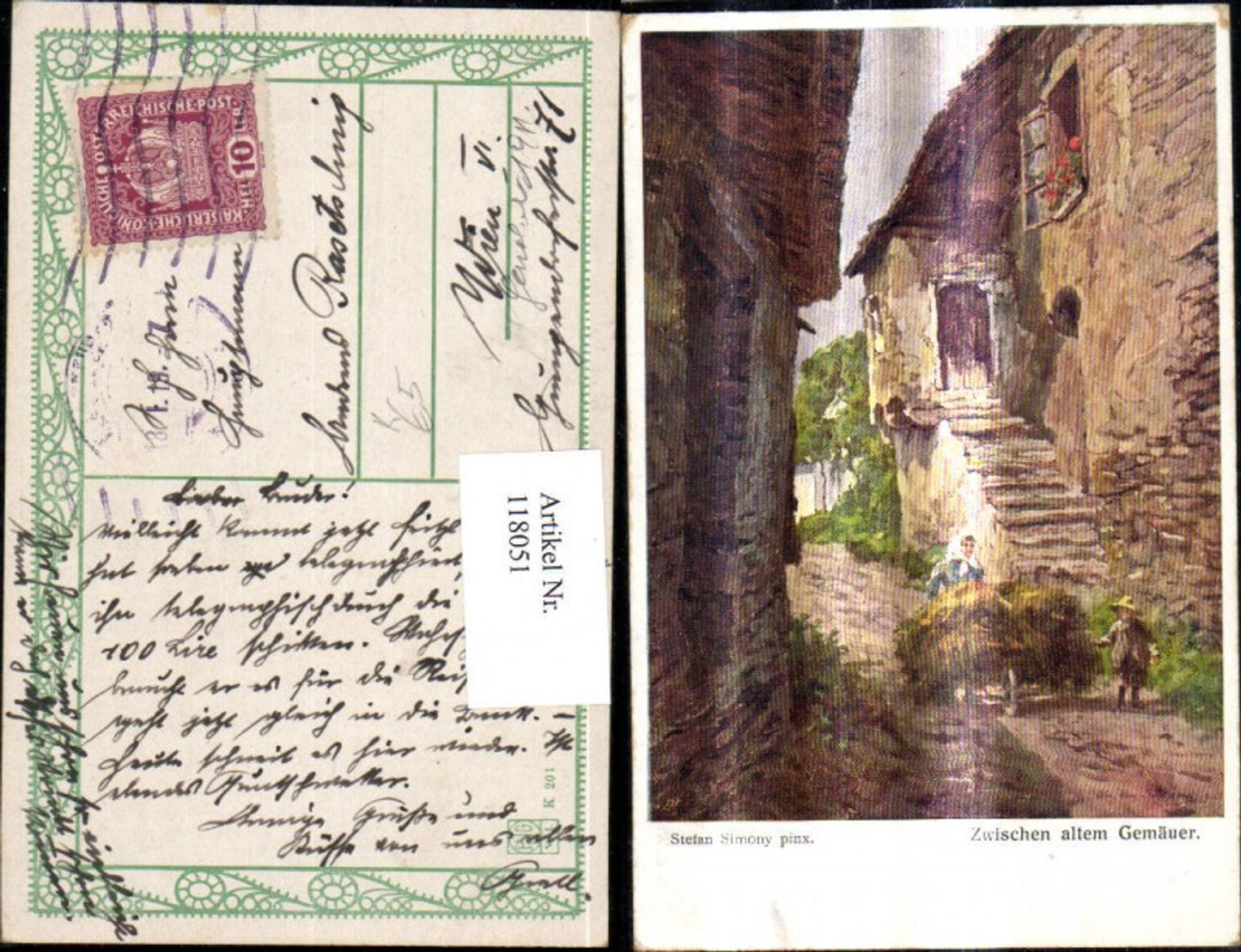 118051,Künstler Ak Stefan Simony Zwischen altem Gemäuer Strassenansicht Frau Kind m. Strohkarren