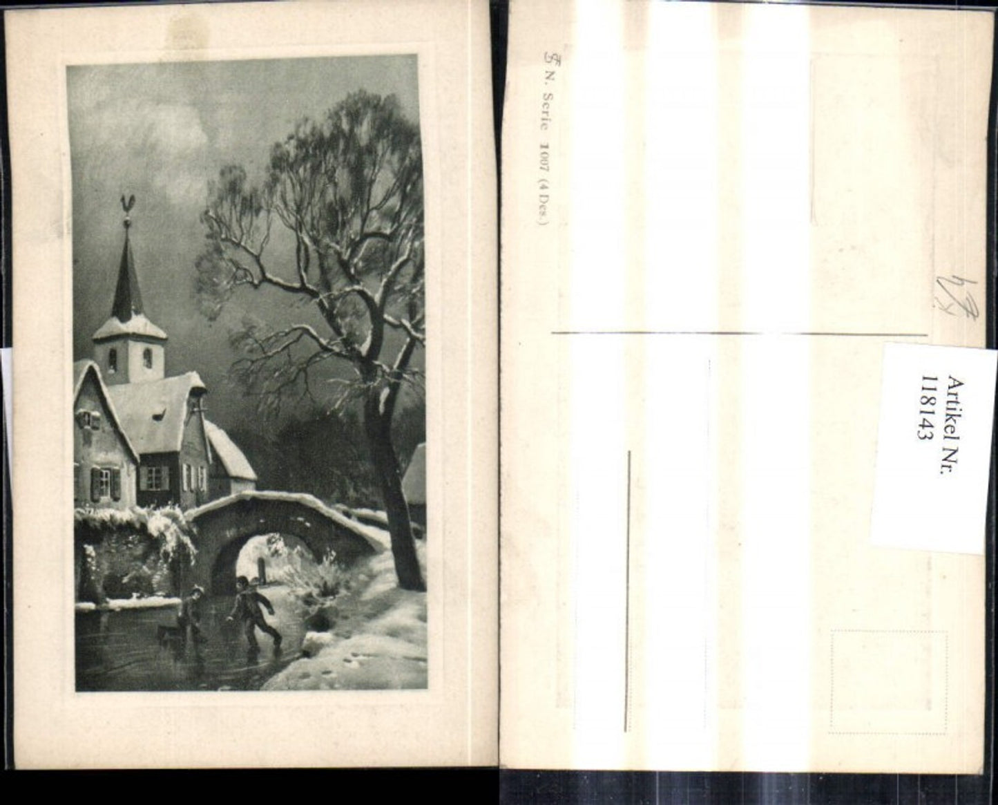 118143,Künstler Ak Winterdorf Kinder laufen Schlittschuh a. Fluss Brücke Passepartout