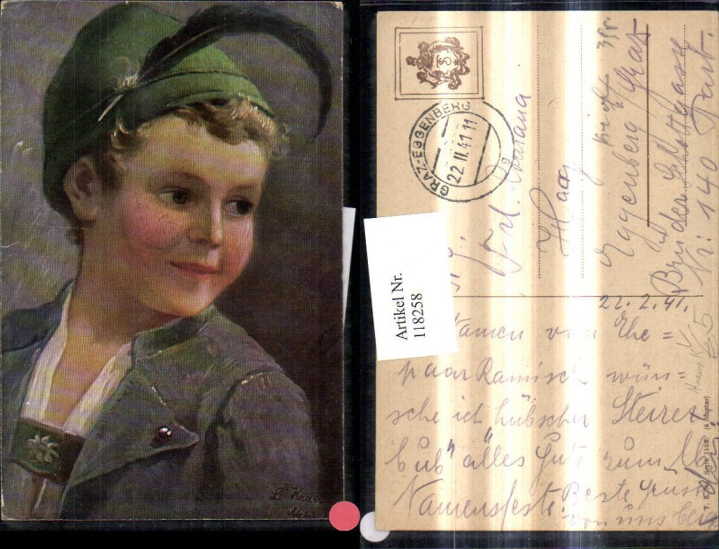 118258,Theo Stroefer Verlag 1133 Künstler L. Krauss Bub m. Tirolerhut Hut