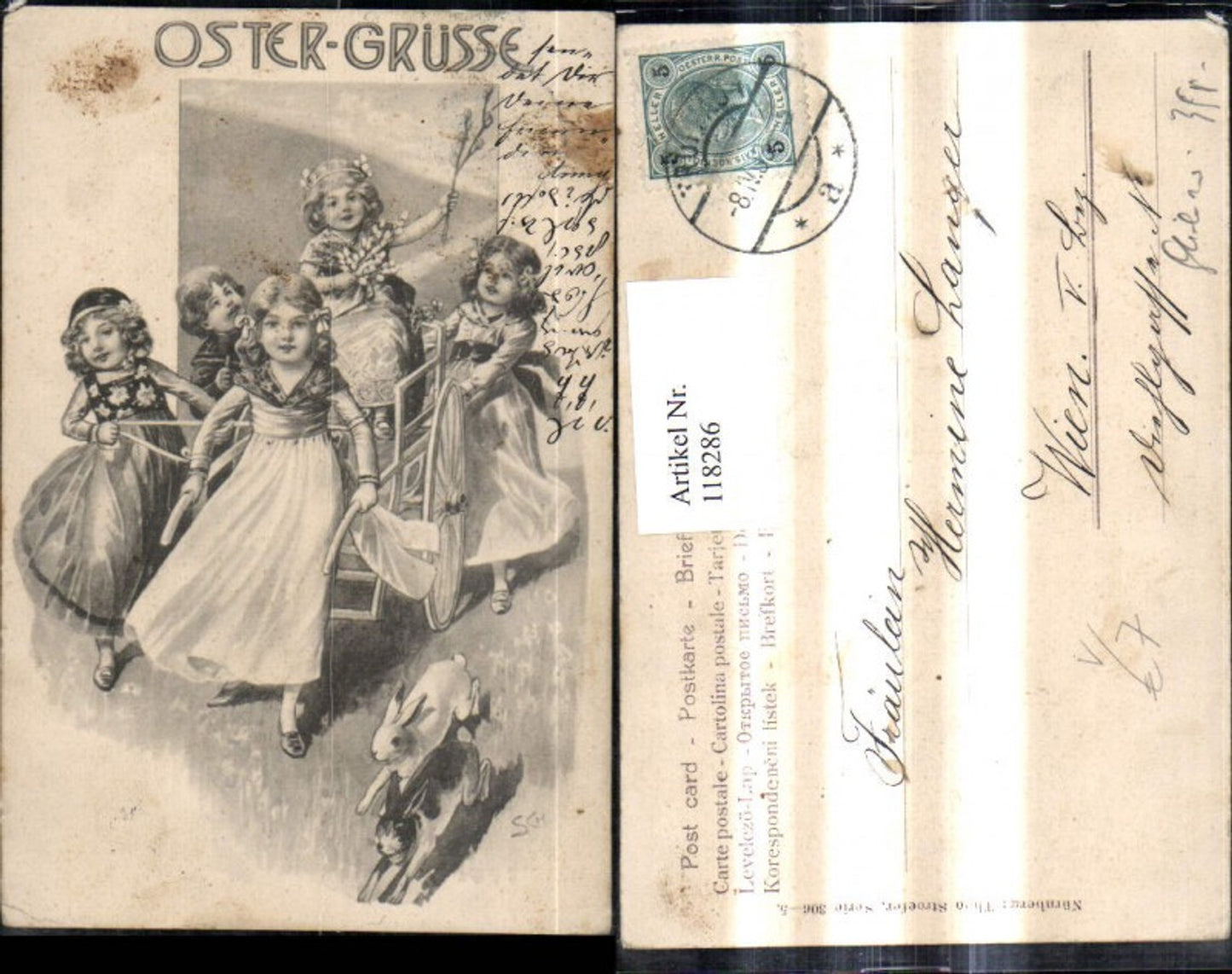 118286,Theo Stroefer Verlag 306/5 Kinder m. Karren Hasen Ostergrüsse