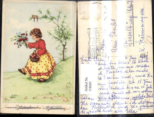118605,Künstler Ak G. Milan Mädchen m. Korb Äpfel Blumenstrauß Vögel a. Baum