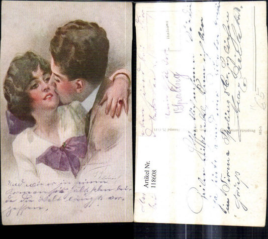 118608,Künstler Ak Liebespaar Kuss a. Wange