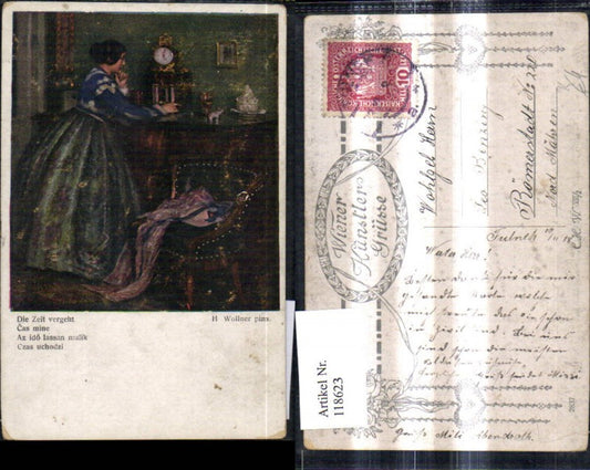 118623,Künstler Ak H. Wollner Die Zeit vergeht Frau m. Standuhr Uhr