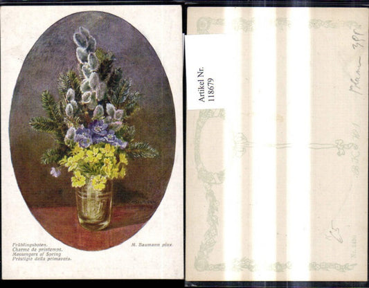118679,Künstler Ak M. Baumann Frühlingsboten Blumenvase Tannenzweig Palmkätzchen Passepartout