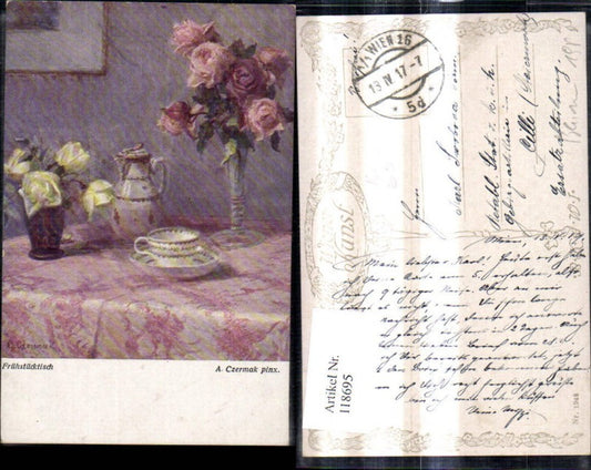 118695,Künstler Ak A. Czermak Frühstücktisch Vase m. Rosen Tasse Kanne
