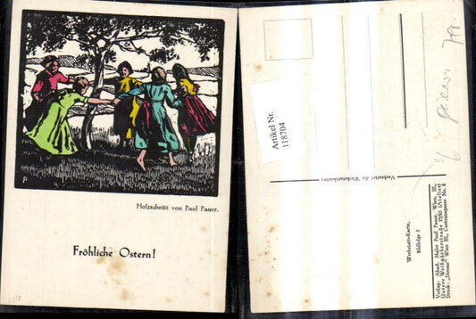 118704,Künstler Ak Paul Pauer Werkstatt Karte 3 Kinder tanzen u. Baum Ostern Ringelreihen