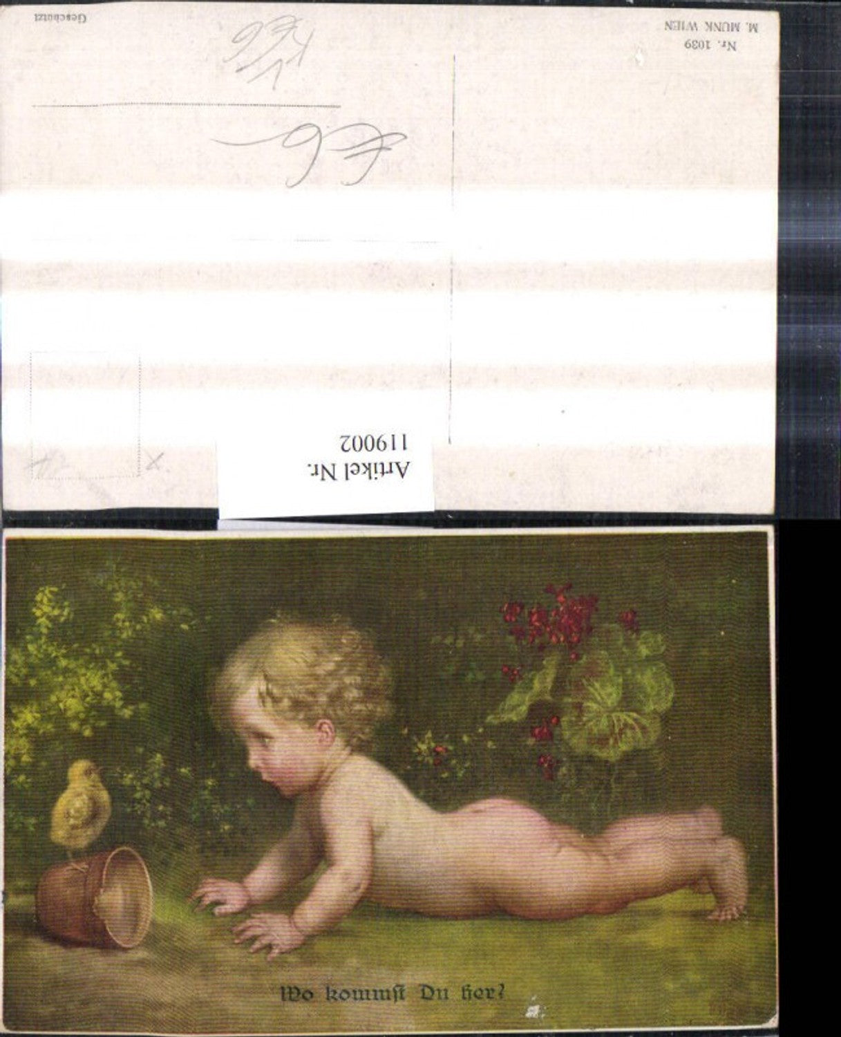 119002,M. Munk Vienne 1039 Künstler Ak Nacktes Baby a. Bauch Küken a. Tontopf Wo kommst du her