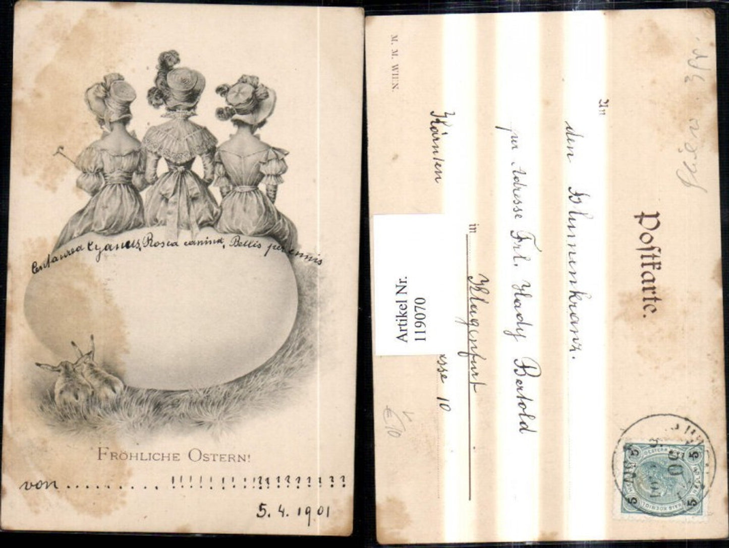 119070,M. Munk Vienne Frau sitzen a. Osterei Hasen Ostern Riesenei