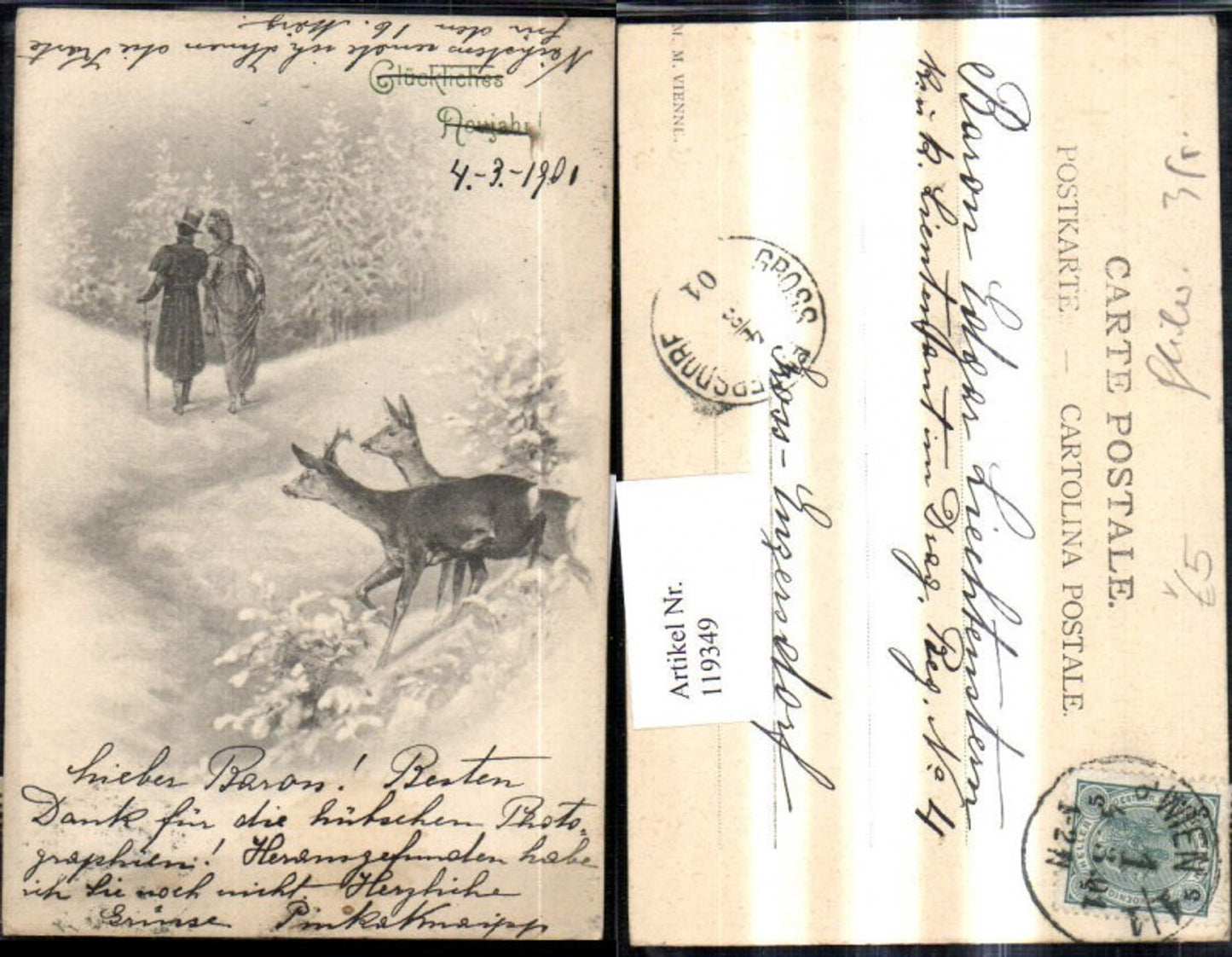 119349,M. Munk Vienne Liebespaar spaziert d. Winterwald Rehe Wild
