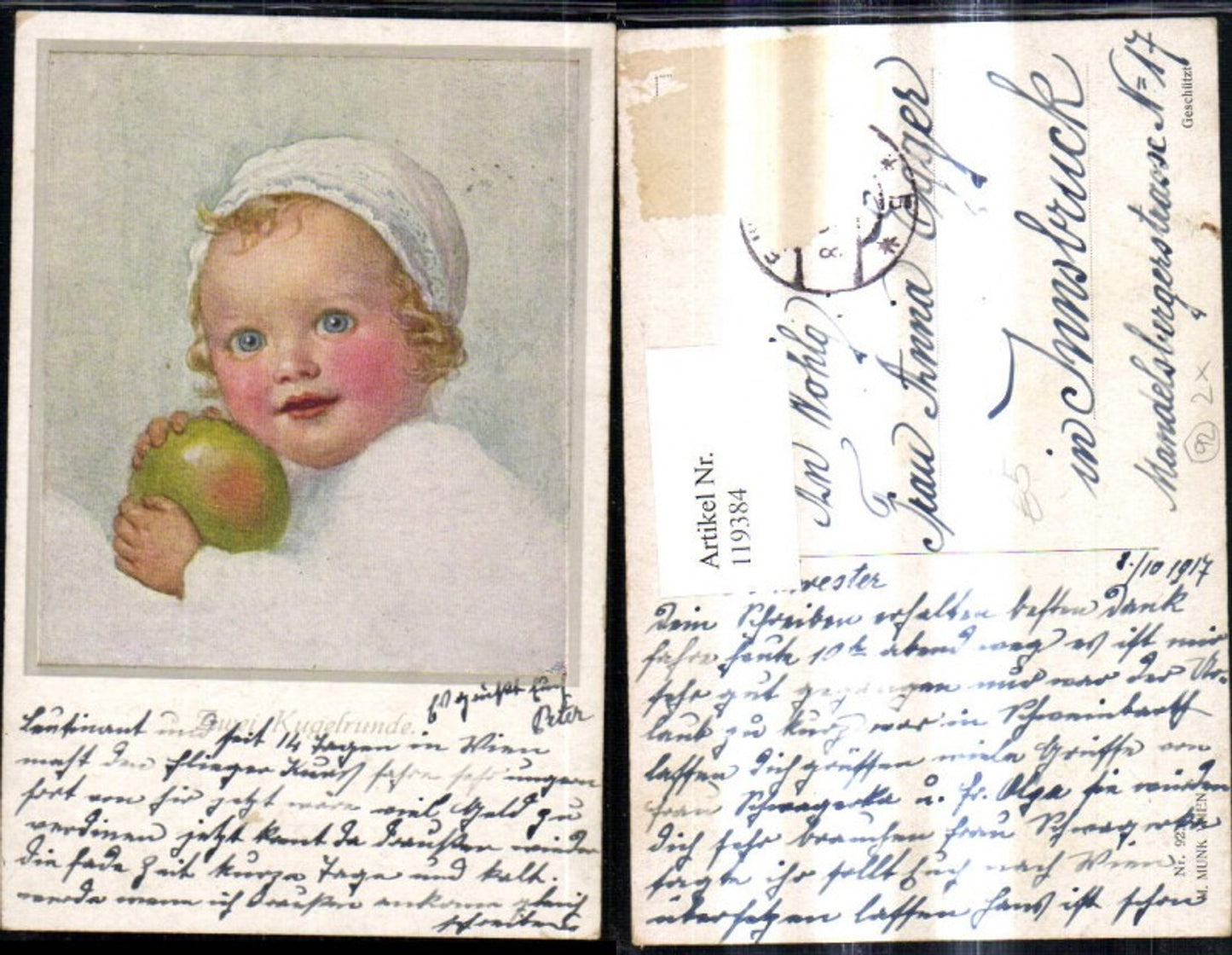 119384,M. Munk Vienne 923 Künstler Ak Zwei Kugelrunde Baby m. Apfel Ball