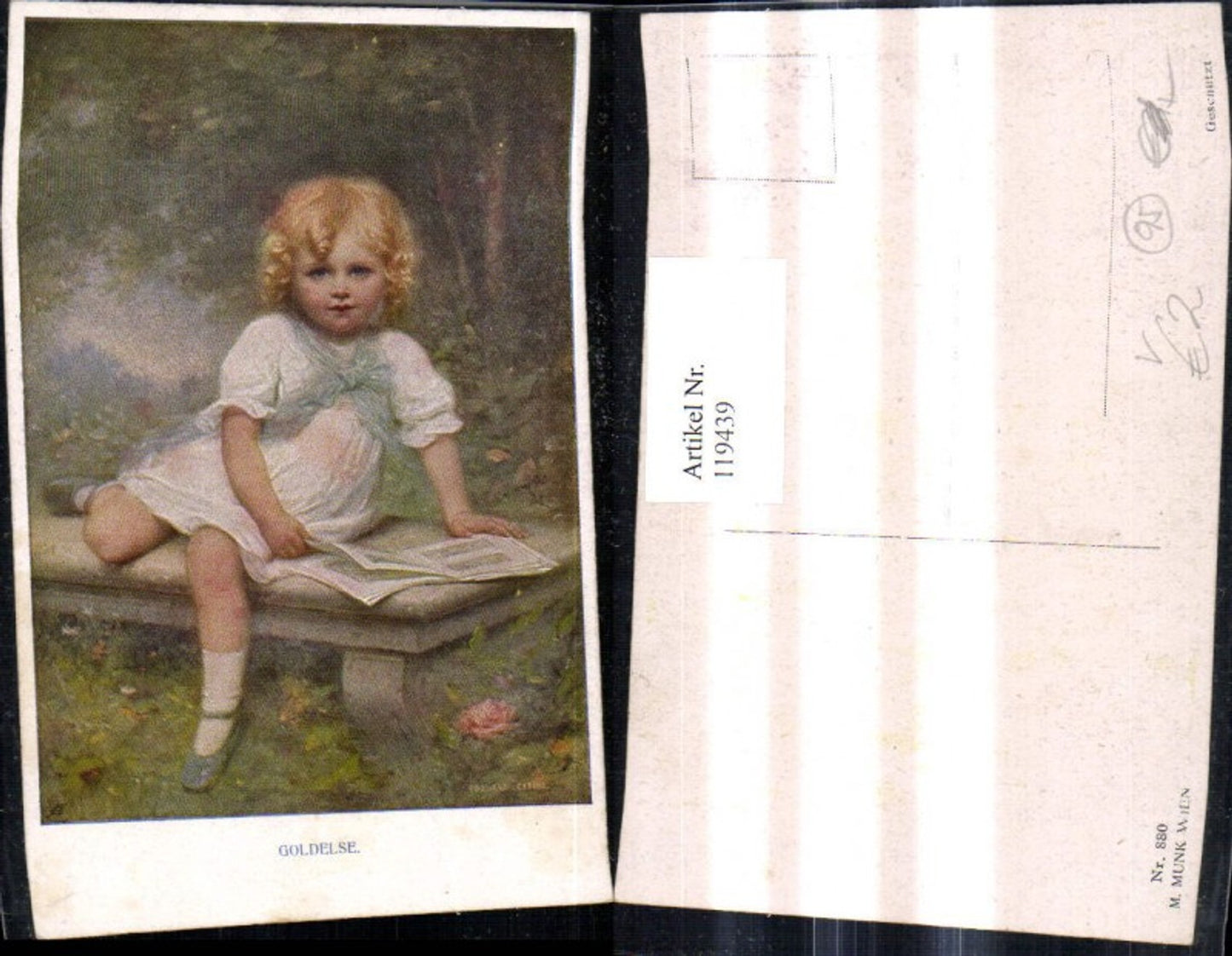 119439,M. Munk Vienne 880 Eduard Cabane Goldelse Mädchen m. Buch a. Steinbank
