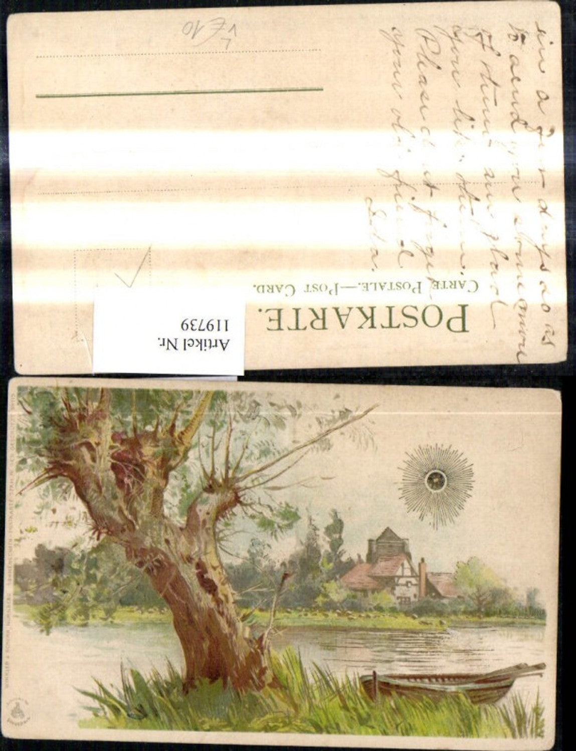 119739,Winkler & Schorn IV/99115 Sonnenschein Litho Baum Ruderboot Ufer