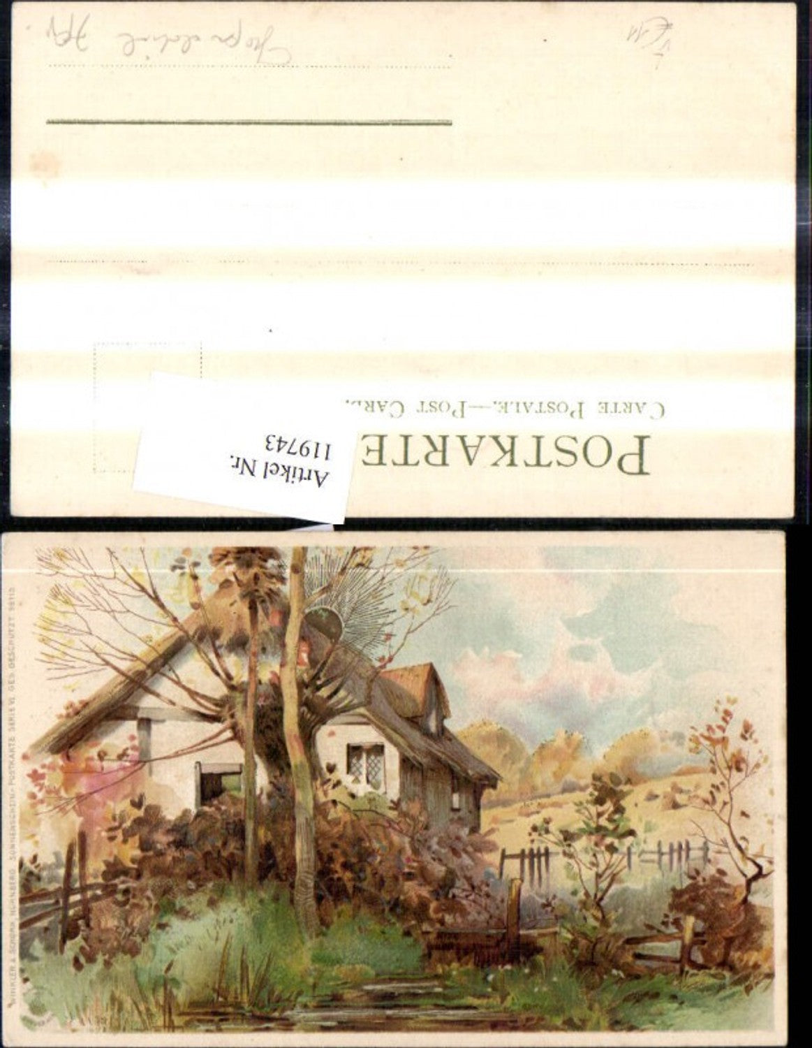 119743, Winkler &amp; Schorn VI/99115 Sunshine Lithograph House Tree Landscape