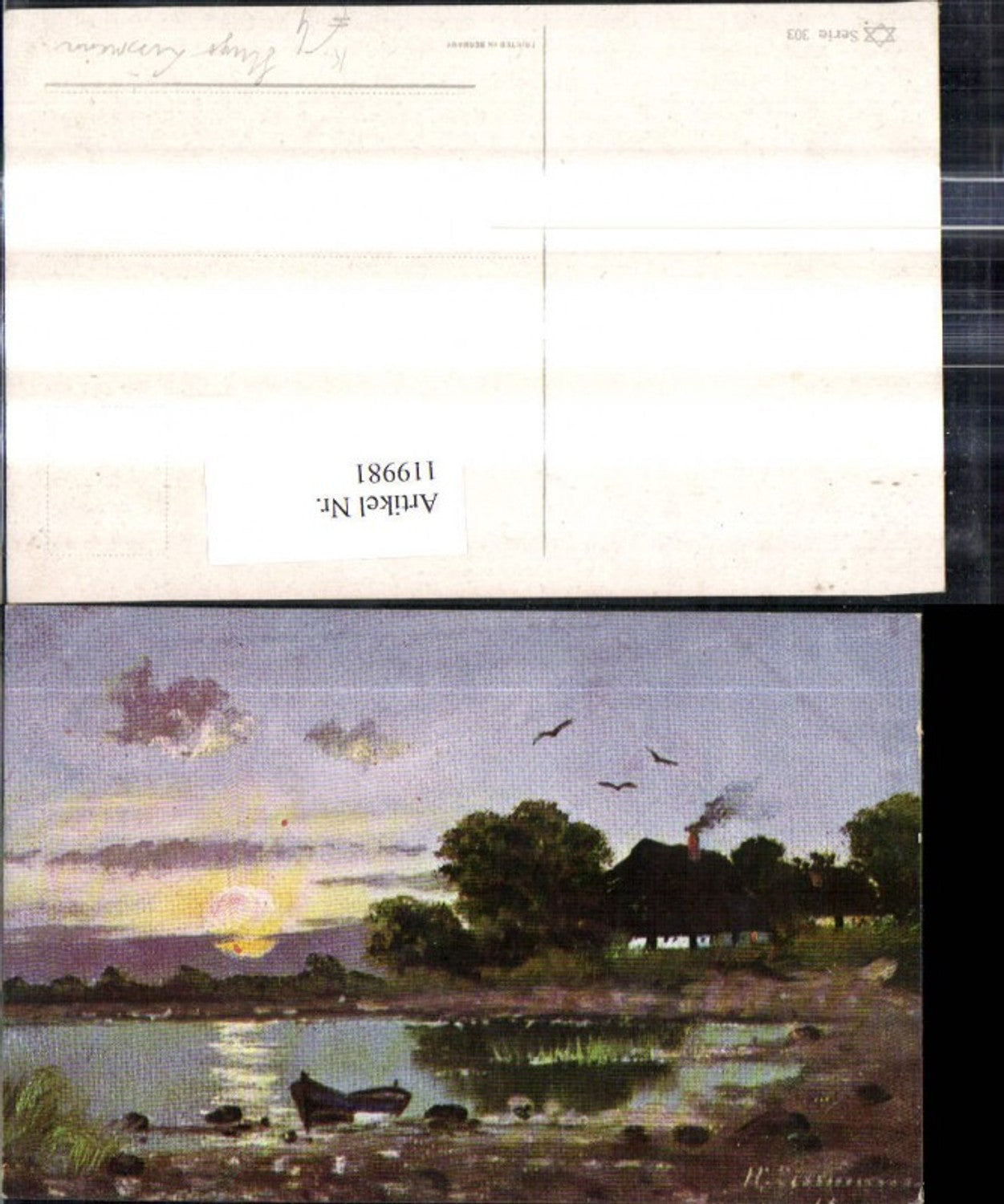 119981,Künstler Ak Hugo Lissmann Ruderboot a. Ufer Landschaft Sonnenuntergang