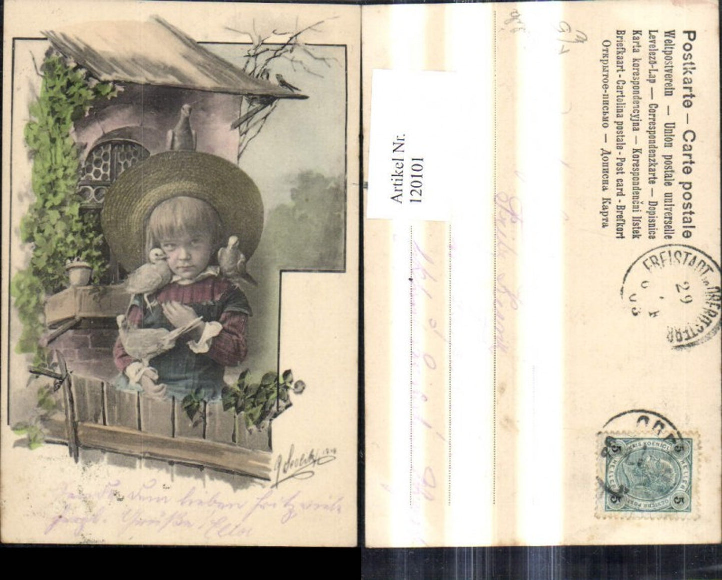 120101,Künstler Ak G. Scolik Mädchen m. Tauben Vögel