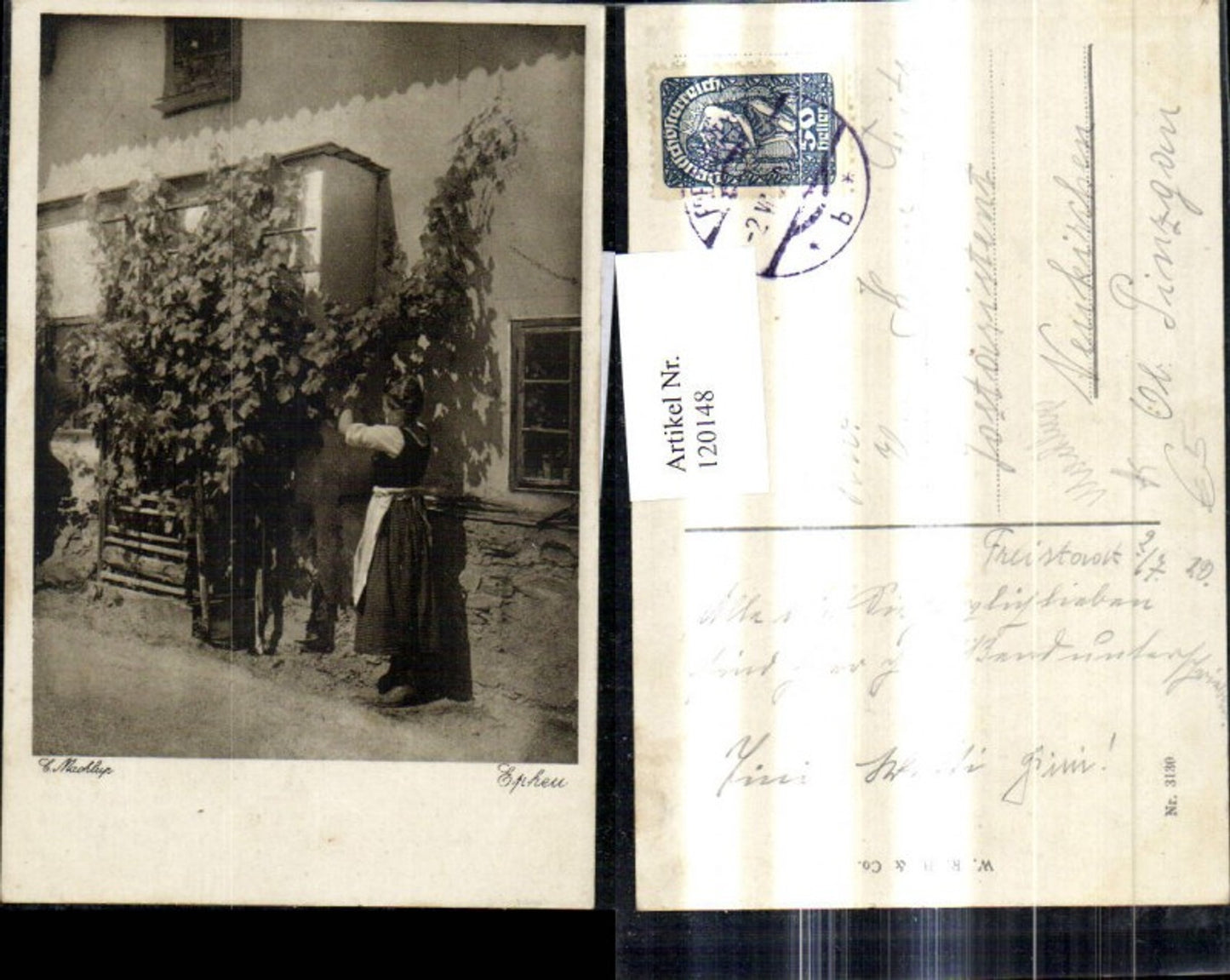 120148,Künstler Ak C. Machlup Efeu Epheu Frau a. Hauswand