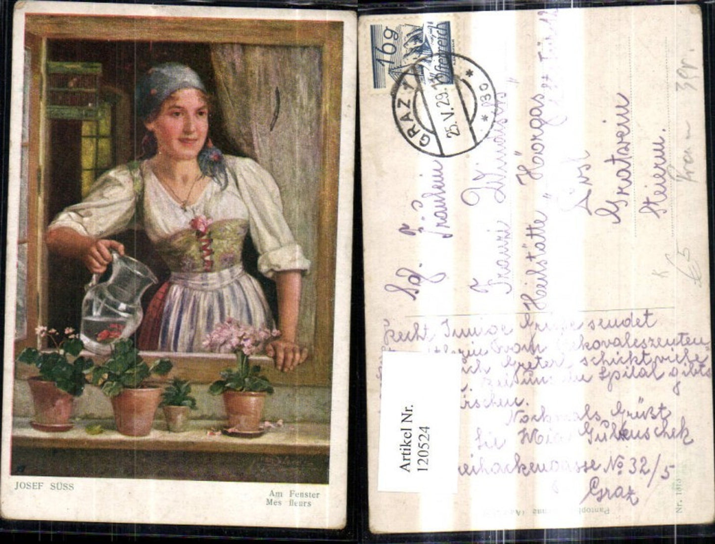 120524,Künstler Ak Josef Süss Am Fenster Frau Blumentöpfe