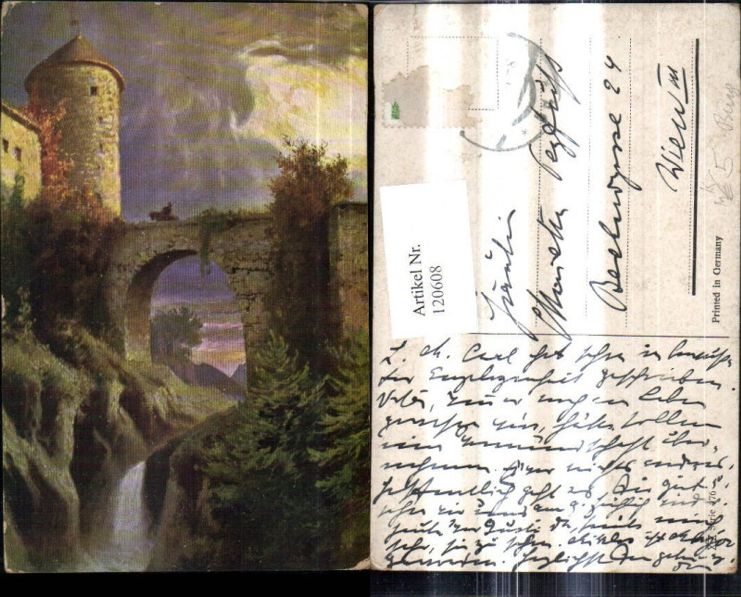 120608,Künstler Ak Burg Festung m. Brücke Wasserfall