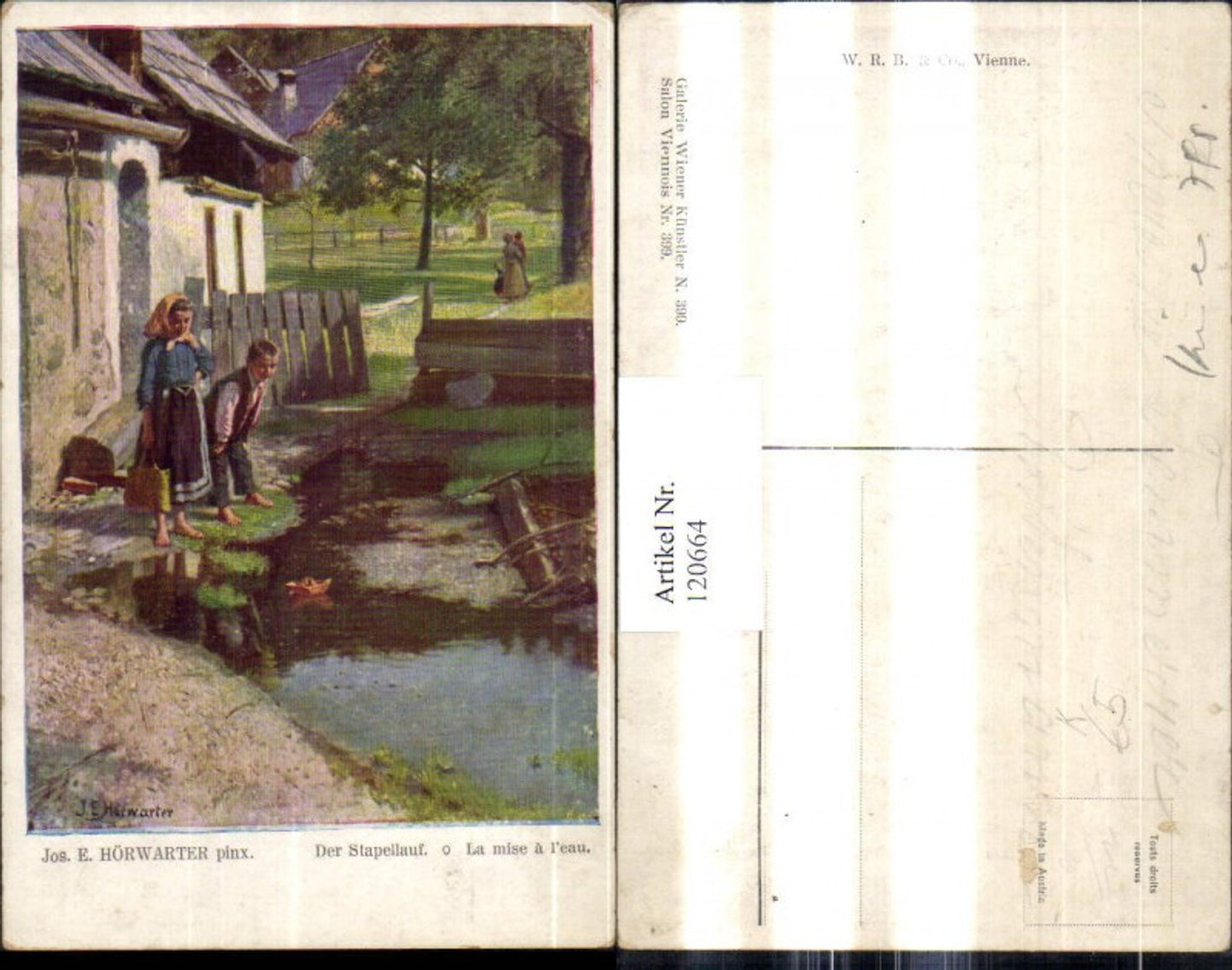 120664,Künstler Ak J. E. Hörwarter Der Stapellauf Kinder m. Papierboot