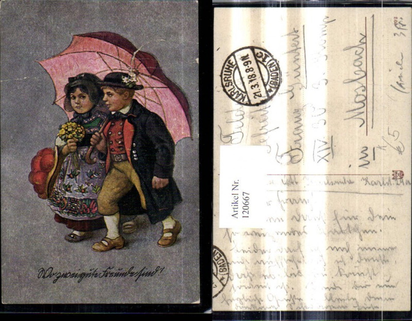 120667,Künstler Ak Paar Tracht u. Schirm Regenschirm Blumenstrauß