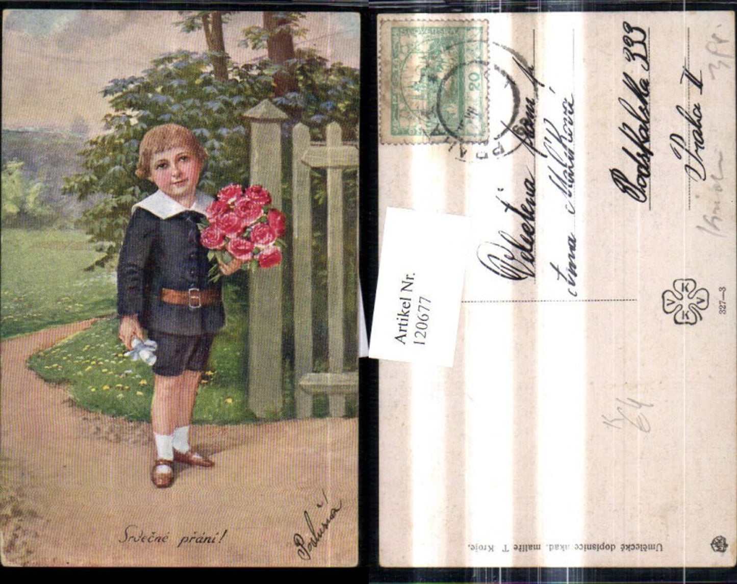 120677,Künstler Ak Junge Bub m. Rosenstrauß Blumen Papierrollle