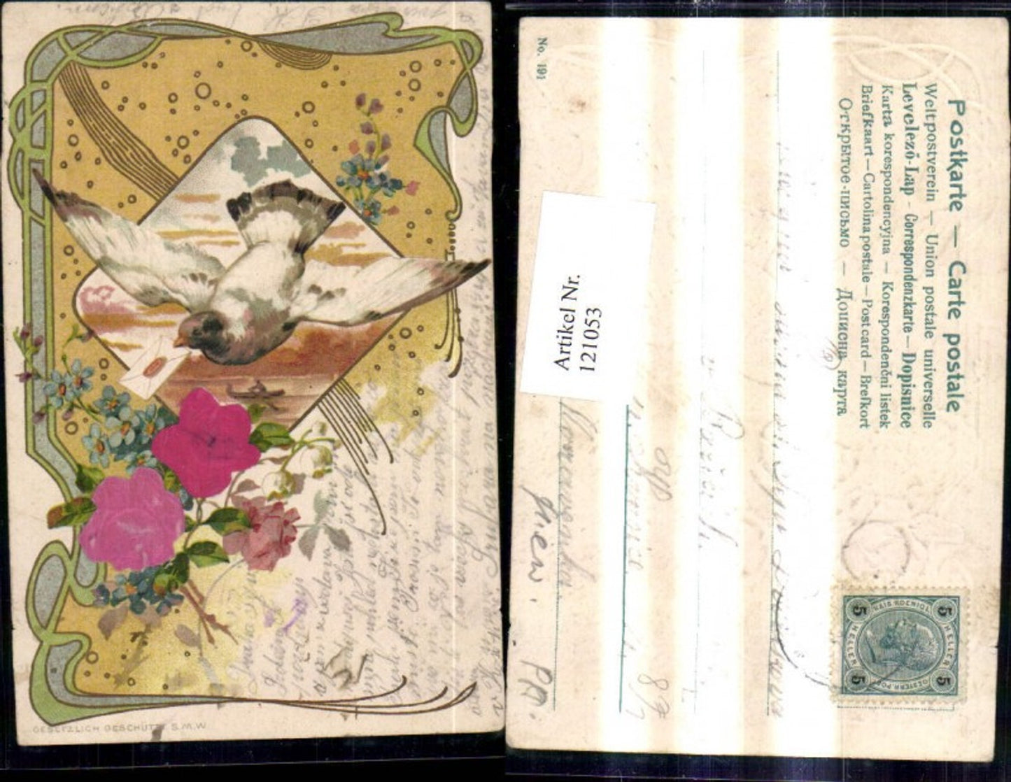 121053,Jugendstil Präge Litho Brieftaube Taube Brief aufgeklebte Satinrosen Ornament