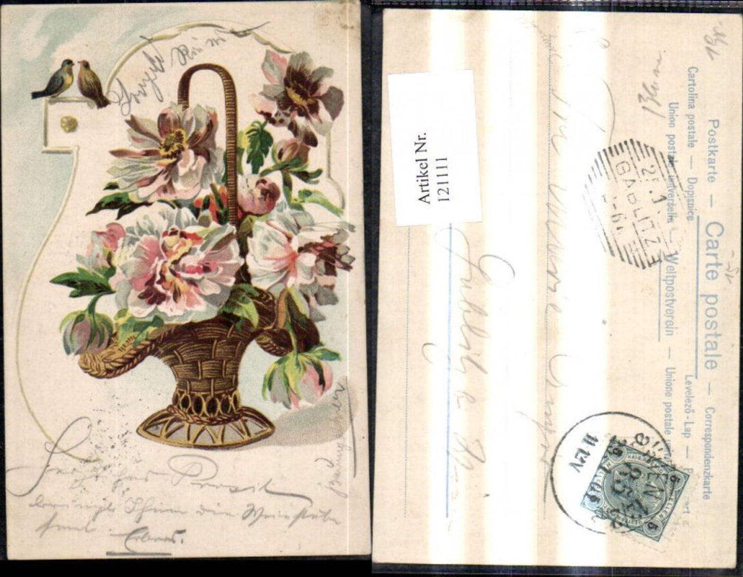 121111,Jugendstil Litho Weidenkorb m. Blumen Korb Vögel
