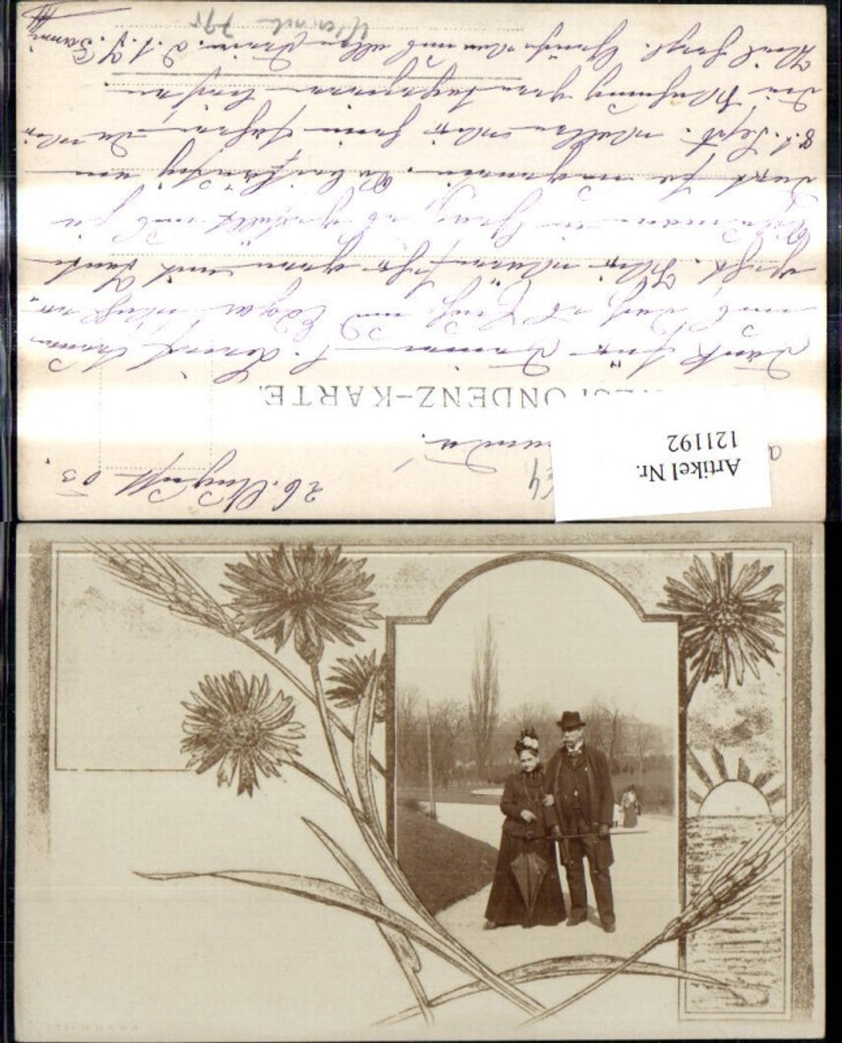 121192,Jugendstil Paar i. Park Schirm Hut Passepartout Blumen Kornblumen Sonne Getreide Ähre