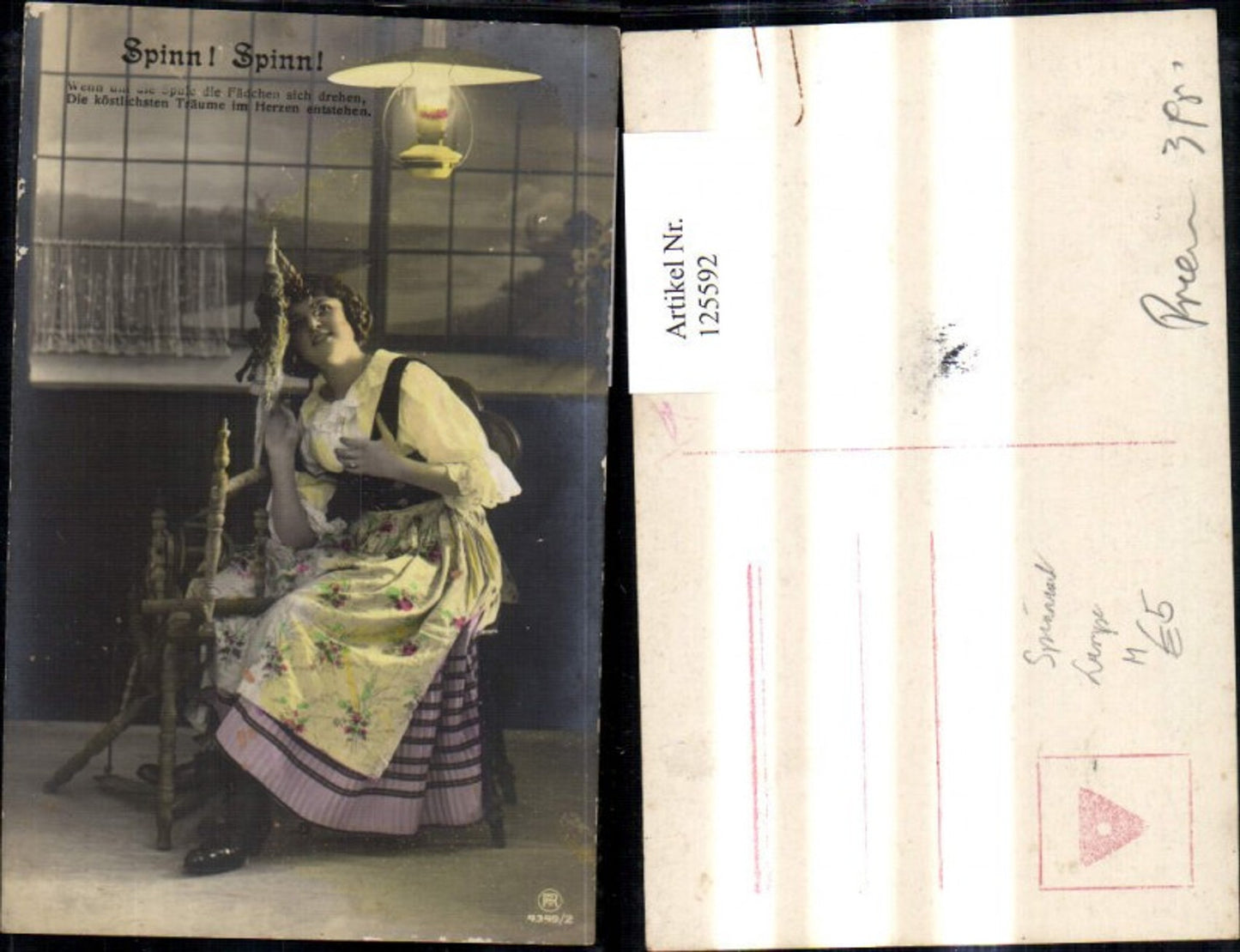 125592,Heimarbeit Frau a. Spinnrad Spinn Spinn Spruch Text pub RPH 4349/2