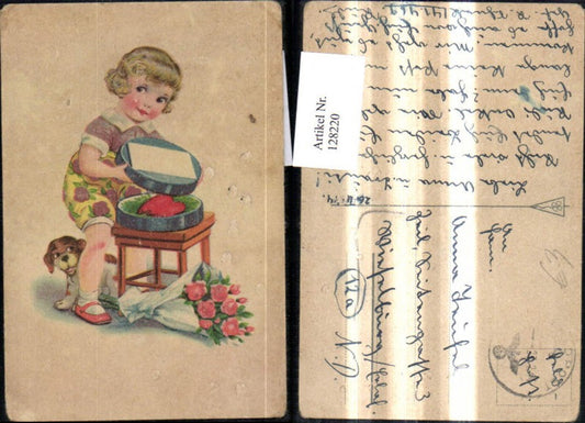 128220,Künstler Ak Mädchen m. Geschenkschachtel Herz Hund Rosen Strauß Blumen