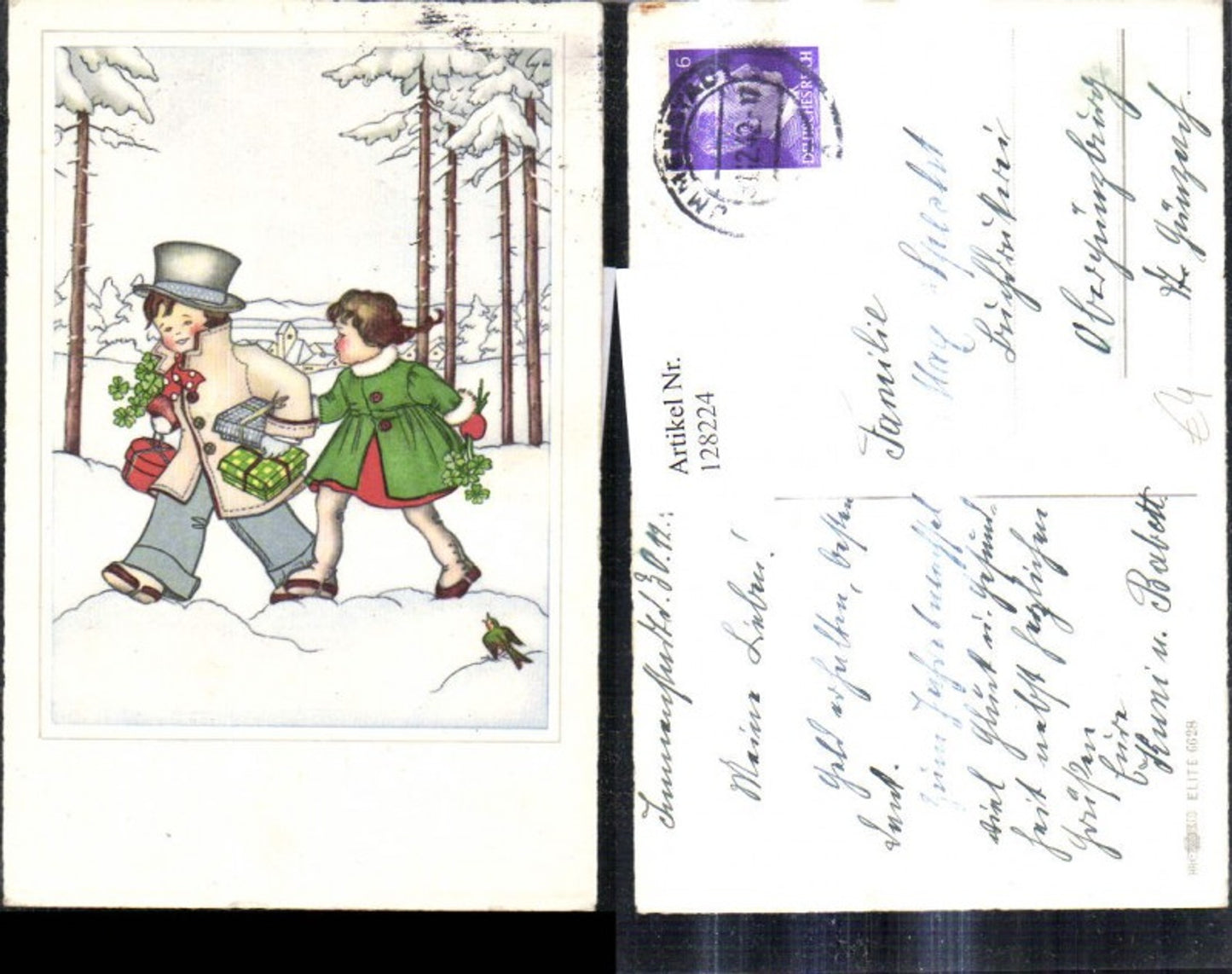 128224,Künstler Ak Kinder m. Geschenken Klee Pakete laufen d. Winterwald Vogel Hut Zylinder