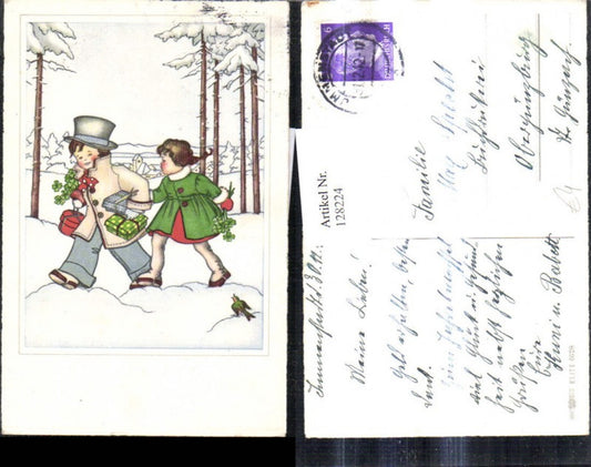 128224,Künstler Ak Kinder m. Geschenken Klee Pakete laufen d. Winterwald Vogel Hut Zylinder