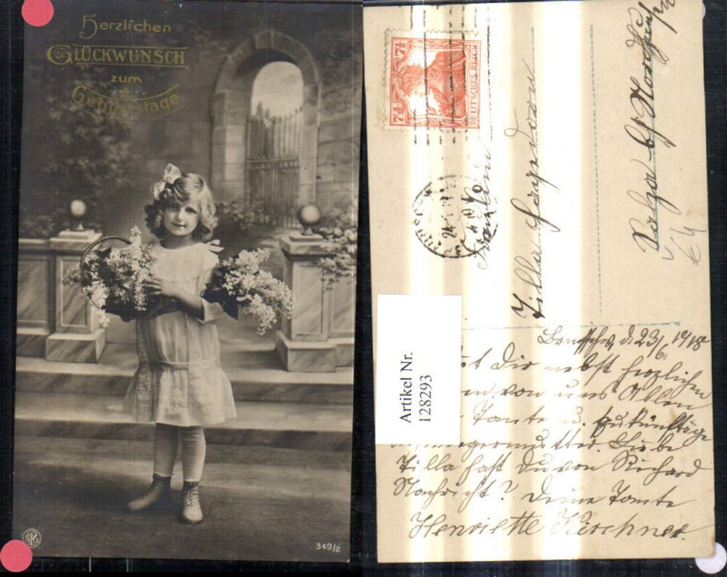 128293,Kind Süsses Mädchen i. Kleid Haarschleife m. Blumen Korb Flieder Strauß pub NPG 349/2