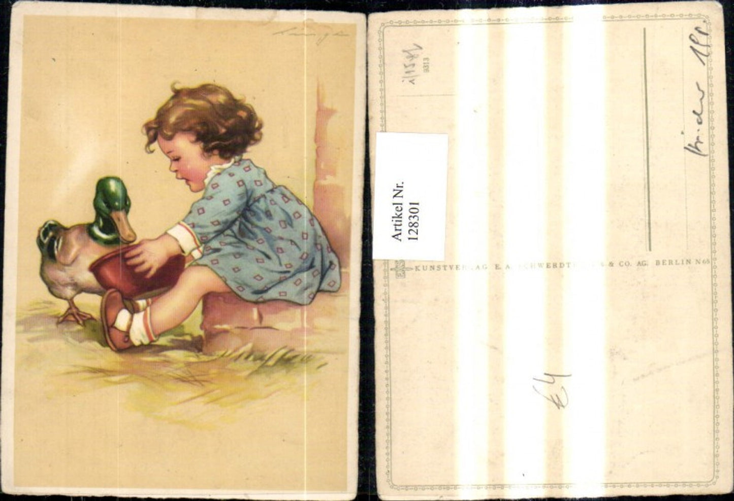128301,Künstler Ak Mädchen m. Ente Futterschüssel Kind