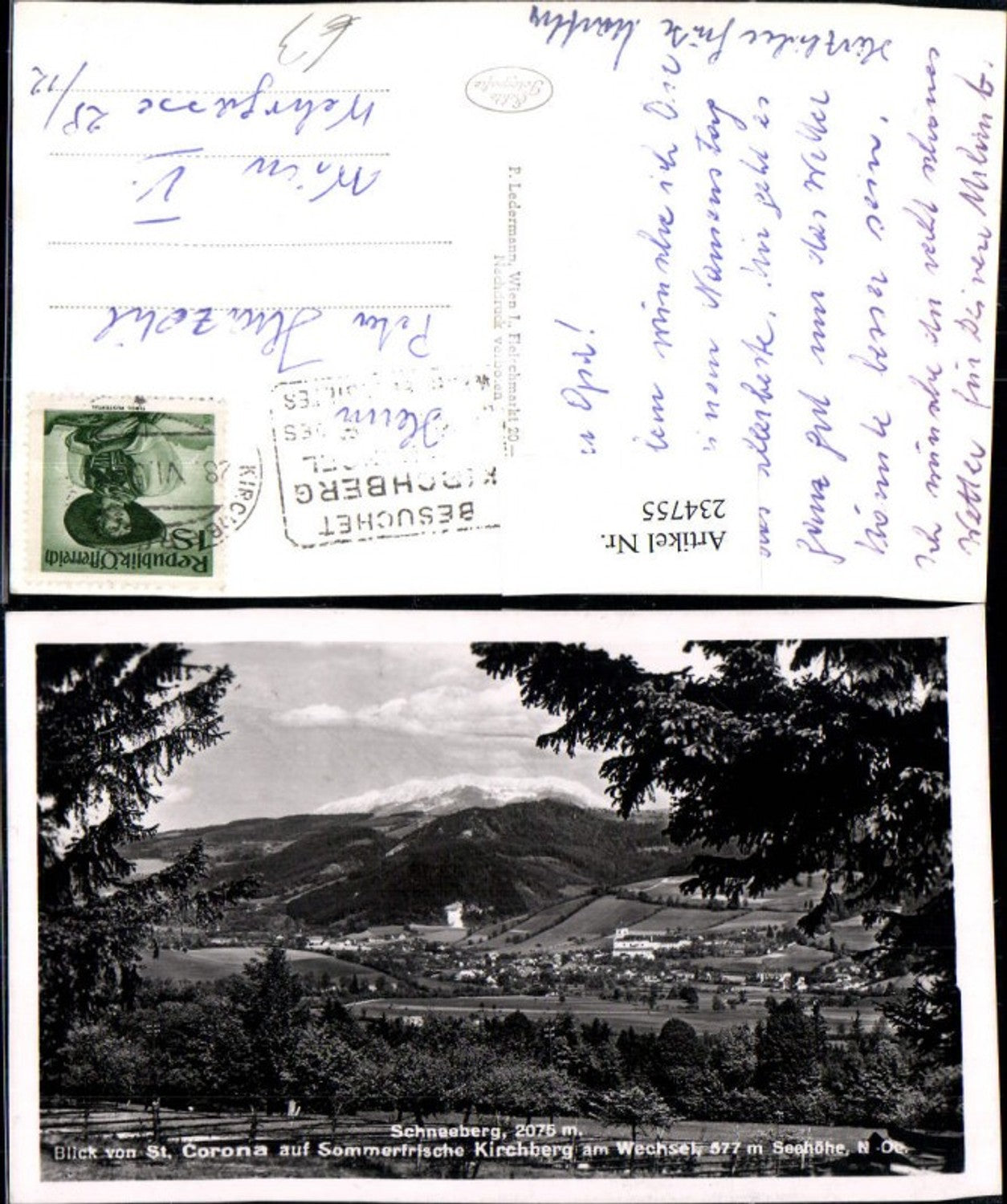 234755,Blick v. St. Corona auf Kirchberg am Wechsel Totale m. Schneeberg