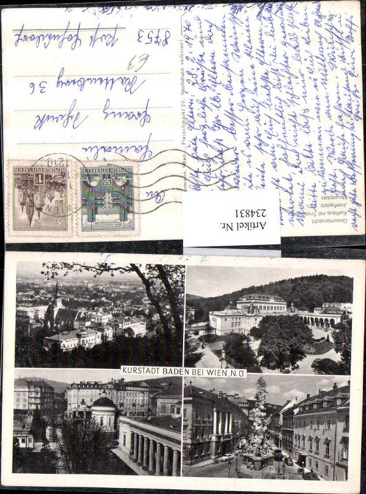 234831,Baden b. Wien Totale Kurhaus m. Trinkhalle Josefsplatz Hauptplatz Pestsäule Mehrbildkarte