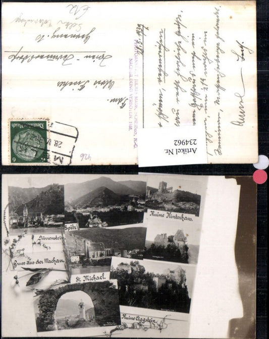 234962,Seltene Fotomontage Gruß aus d. Wachau Spitz Dürnstein St. Michael Aggstein Ruine Hinterhaus