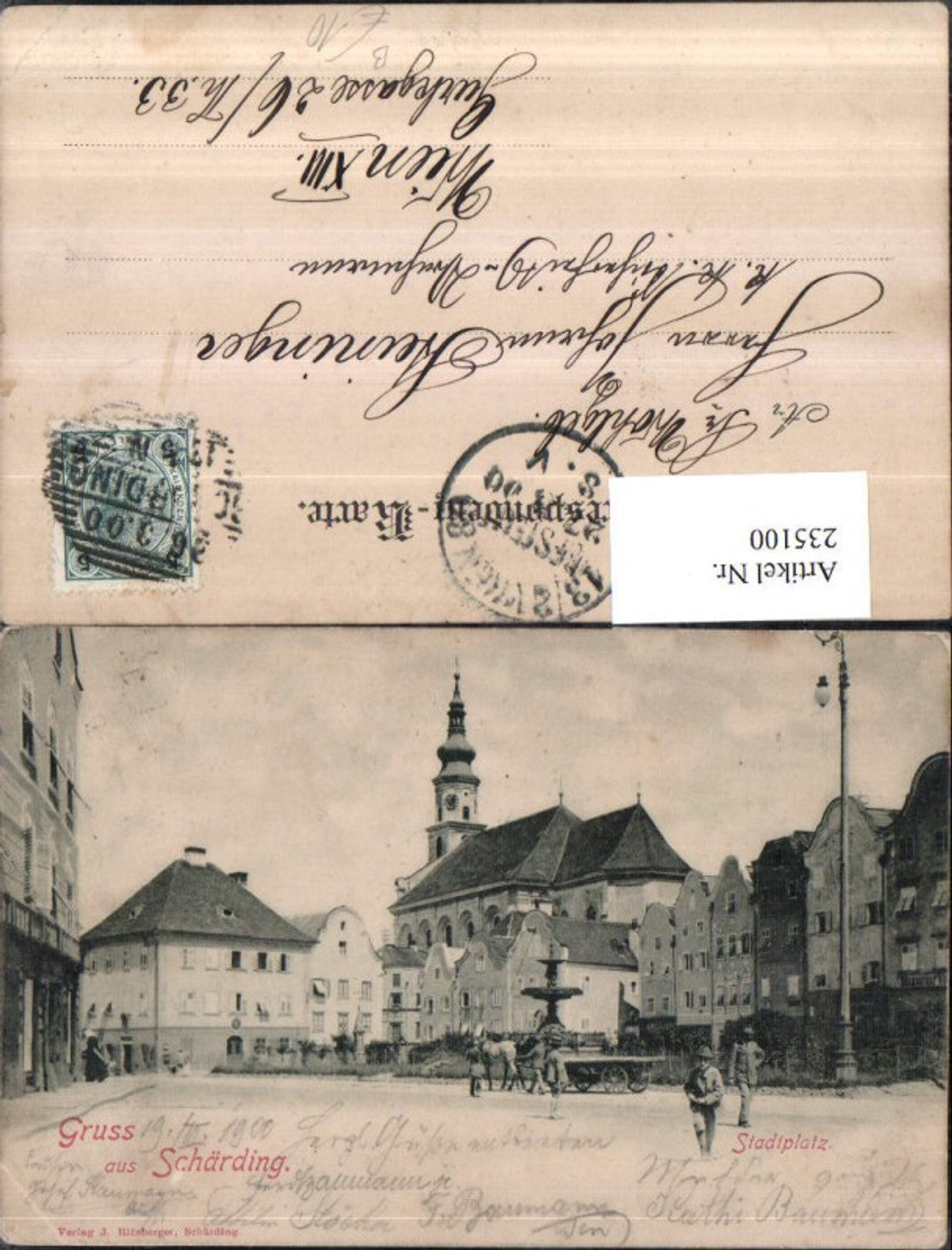 235100, Greetings from Schärding, town square, fountain, church
