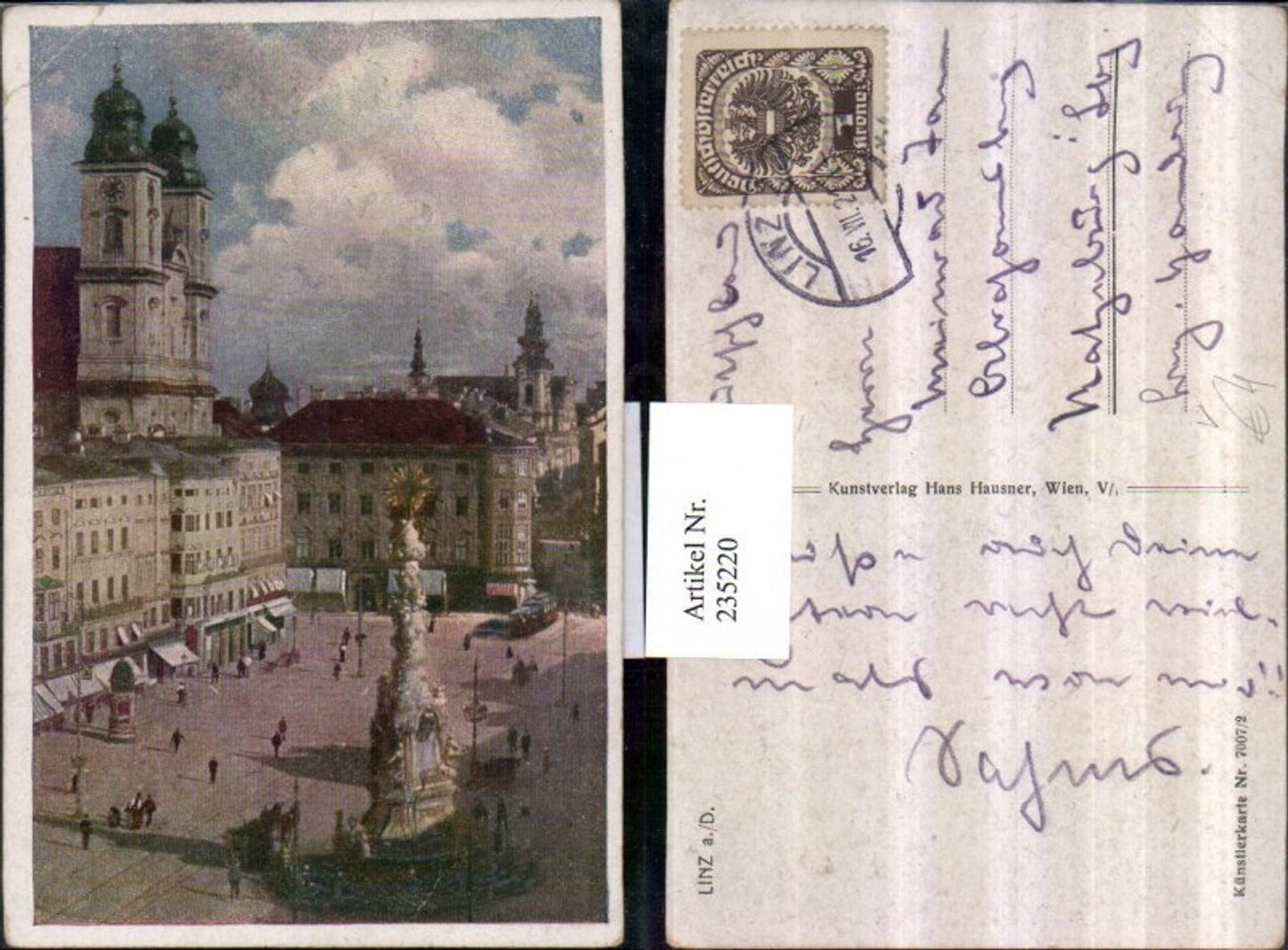 235220,Linz an d. Donau Franz-Josef-Platz Pestsäule Kirche Geschäfte pub Hans Hausner 7007/2