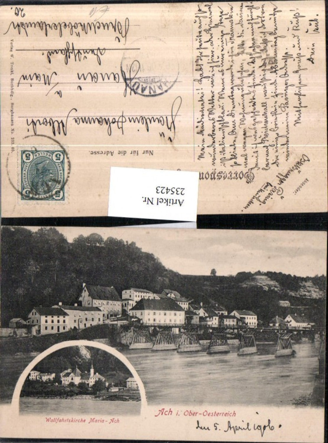 235423,Ach in Oberösterreich Teilansicht Brücke Kirche Maria-Ach Mehrbildkarte