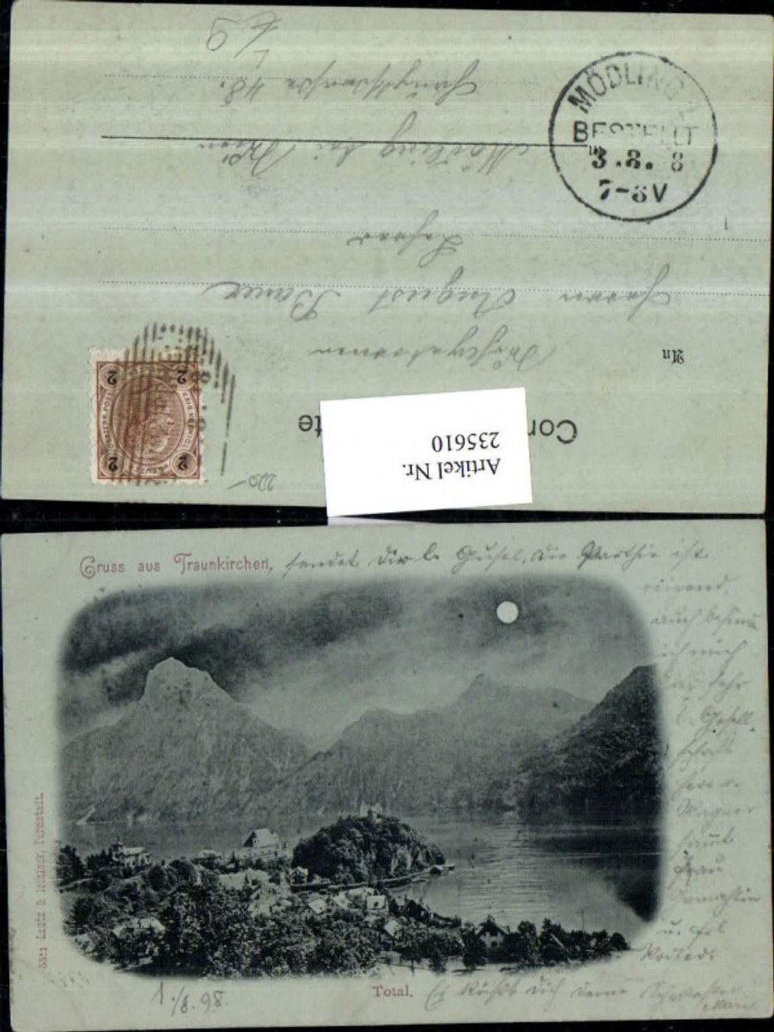 235610,Mond Litho AK Gruß aus Traunkirchen Totale m. Traunstein